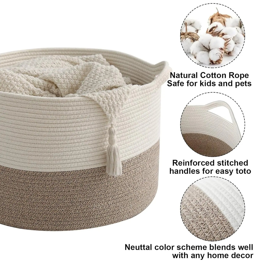 HZFTJOY Large Blanket Basket - Soft Cotton Rope Storage Bin for Baby Toys & Blankets - Perfect for Nursery Organization