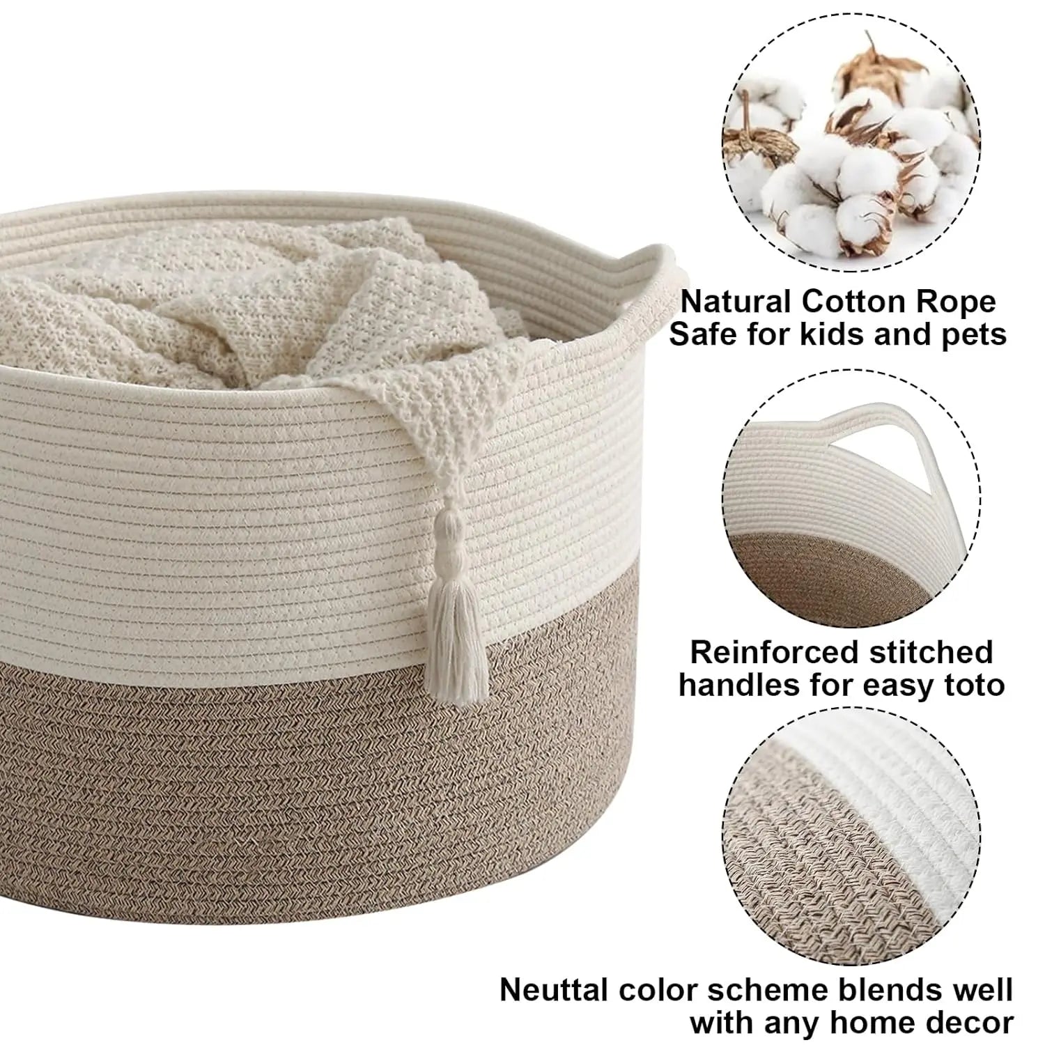 HZFTJOY Large Blanket Basket - Soft Cotton Rope Storage Bin for Baby Toys & Blankets - Perfect for Nursery Organization