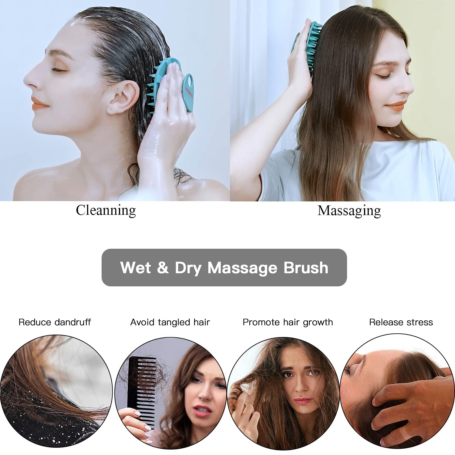 One-Piece Silicone Scalp Massager Shampoo Brush Hair Wash, Dark Green |  Soft Bristles Scrub Head Scratcher, Head Massage Stress Relax, Wet & Dry Use for Thick Thin Curly Hair Care